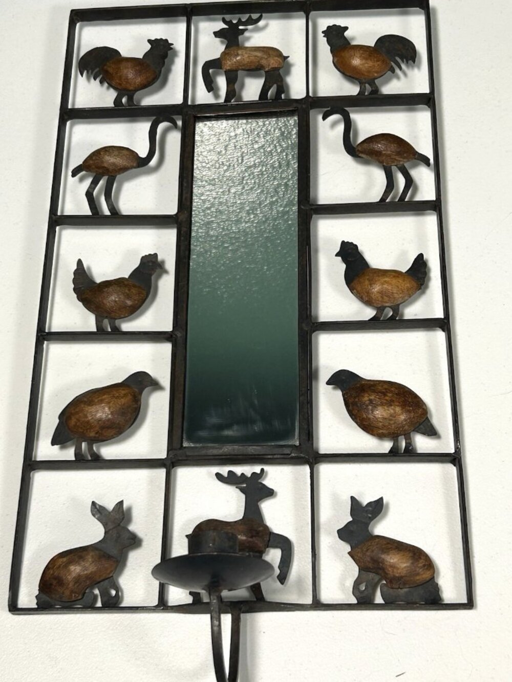 Iron & Wood Animal Grid Mirror Sconce Candle Holder 17x10" Style of Barboglio